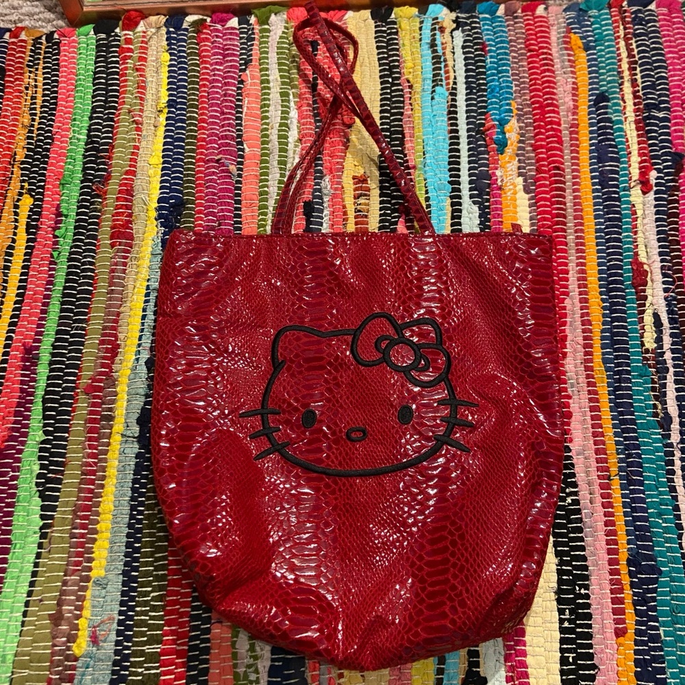 Red hello kitty faux snake skin tote bag